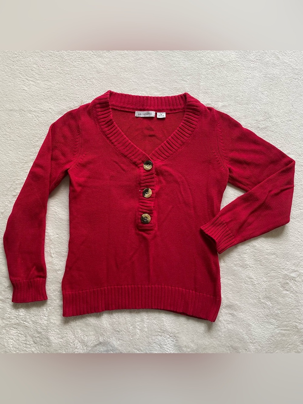 Liz Claiborne Red Knitted Cotton Sweater with V Neck size M